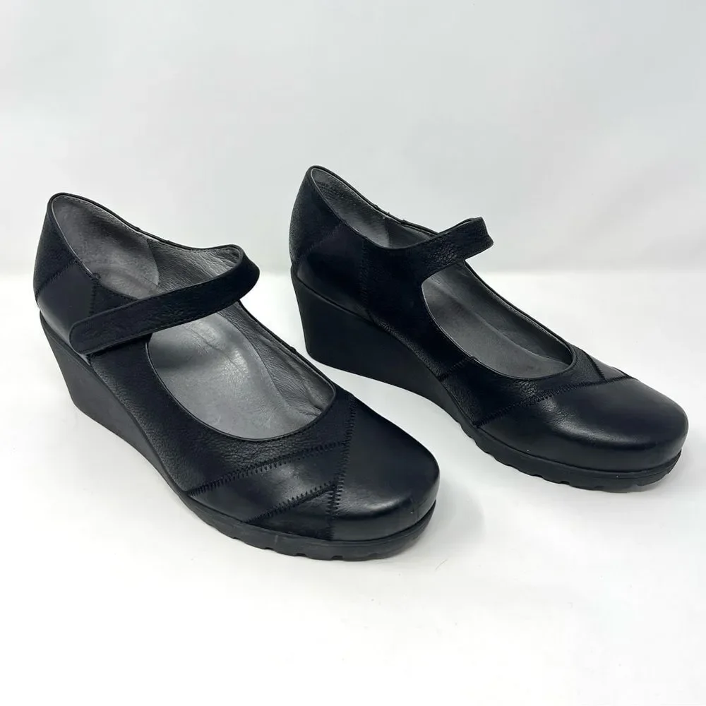 ABEO BIO System Ginger Mary Jane Black Leather Wedges Hook & Loop Closure 8.5N